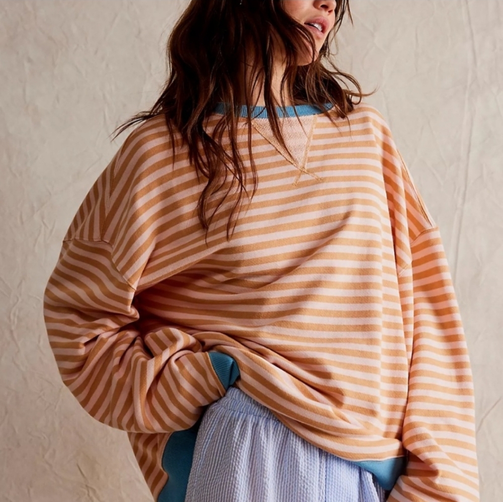 FREE PEOPLE Classic Striped Oversized Crewneck NWOT Latte Combo